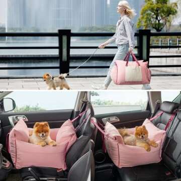 Lesure Small Dog Car Seat for Small Dogs - Waterproof Dog Booster Seat for Car with Storage Pockets and Clip-On Safety Leash and Thickened Memory Foam Filling, Pet Travel Carrier Bed Strawberry Cream