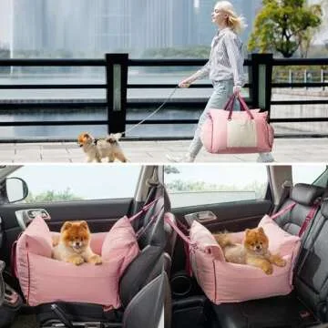 Lesure Small Dog Car Seat for Small Dogs - Waterproof Dog Booster Seat for Car with Storage Pockets and Clip-On Safety Leash and Thickened Memory Foam Filling, Pet Travel Carrier Bed Strawberry Cream