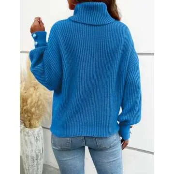 Libsorge Women's Dressy Oversized Turtleneck Sweaters Fall 2024 Casual Winter Ribbed Knit Button Long Sleeve Pullover Sweater Blue S