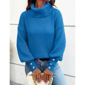 Libsorge Women's Dressy Oversized Turtleneck Sweaters Fall 2024 Casual Winter Ribbed Knit Button Long Sleeve Pullover Sweater Blue S
