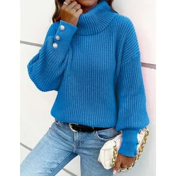 Libsorge Women's Dressy Oversized Turtleneck Sweaters Fall 2024 Casual Winter Ribbed Knit Button Long Sleeve Pullover Sweater Blue S