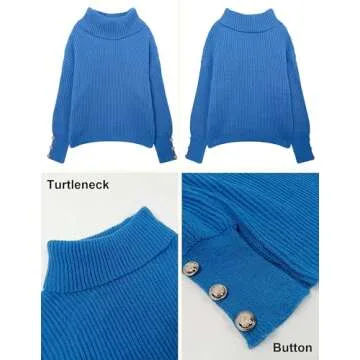 Libsorge Women's Dressy Oversized Turtleneck Sweaters Fall 2024 Casual Winter Ribbed Knit Button Long Sleeve Pullover Sweater Blue S