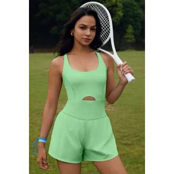 ReachMe Womens Running Onesie Workout Rompers Athletic Romper One Piece Outfits Exercise Jumpsuits Gym Yoga Clothes(0 Neon Lime,S)