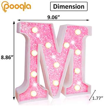 Pooqla LED Marquee Lights, Pink Glitter Alphabet Letters Sign - Battery Powered Night Light for Birthday Party, Wedding, Home Bar, Christmas Decoration