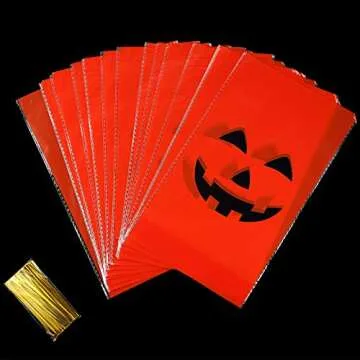 Outus 50 Pieces Halloween Favor Bags Pumpkin Smile Pattern Flat Cellophane Treat Bags Halloween Plastic Party Favor Bags for Bakery, Popcorn, Cookies, Candies and Dessert with Gold Twist Ties
