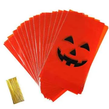 Outus 50 Pieces Halloween Favor Bags Pumpkin Smile Pattern Flat Cellophane Treat Bags Halloween Plastic Party Favor Bags for Bakery, Popcorn, Cookies, Candies and Dessert with Gold Twist Ties