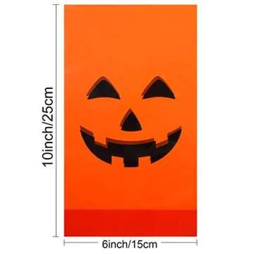 Outus 50 Pieces Halloween Favor Bags Pumpkin Smile Pattern Flat Cellophane Treat Bags Halloween Plastic Party Favor Bags for Bakery, Popcorn, Cookies, Candies and Dessert with Gold Twist Ties