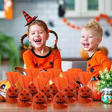 Outus 50 Pieces Halloween Favor Bags Pumpkin Smile Pattern Flat Cellophane Treat Bags Halloween Plastic Party Favor Bags for Bakery, Popcorn, Cookies, Candies and Dessert with Gold Twist Ties