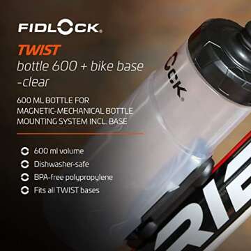 FIDLOCK Twist Bottle 600ml Set | Bike Water Bottle Holder with Attached Bottle | Connector Twist Plus Base Mount | Cage Free Magnetic Bicycle Water Bottle Holder Mount | Clear