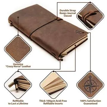 Wanderings Leather Travelers Notebook - 8.5x4.5" - Wanderings Refillable Travel Journal - Hand-Craft...