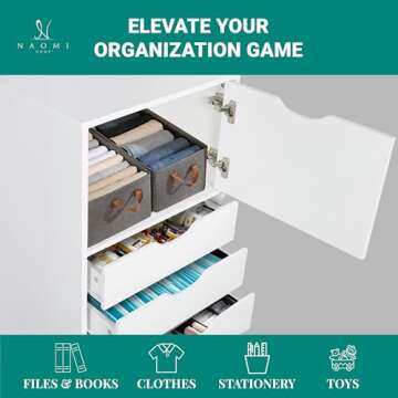 Naomi Home Drawer Dresser Storage Cabinet for Makeup Dresser Tall Chest of Drawers, Drawer Chest Makeup Cabinet with Wheels Wood Closet Storage Drawers for Bedroom 6 Drawer, White