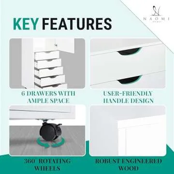 Naomi Home Drawer Dresser Storage Cabinet for Makeup Dresser Tall Chest of Drawers, Drawer Chest Makeup Cabinet with Wheels Wood Closet Storage Drawers for Bedroom 6 Drawer, White