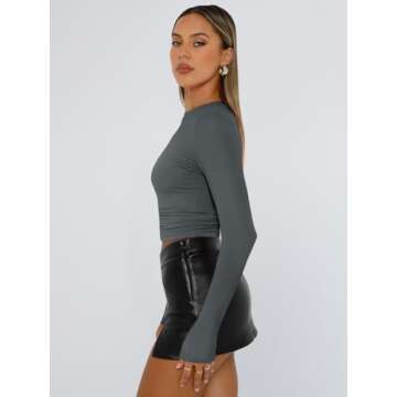 Trendy Queen Womens Long Sleeve Shirts Basic Crop Tops Tight Slim Fit Cute Teen Girls Fall Winter Y2k Clothes Gray M