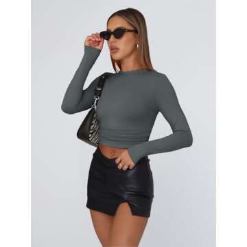 Trendy Queen Womens Long Sleeve Shirts Basic Crop Tops Tight Slim Fit Cute Teen Girls Fall Winter Y2k Clothes Gray M