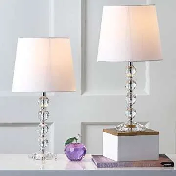 SAFAVIEH Lighting Collection Nola Modern Glam Stacked Crystal Ball/ Off-White Shade 16-inch Bedroom Living Room Home Office Desk Nightstand Table Lamp Set of 2 (LED Bulbs Included)