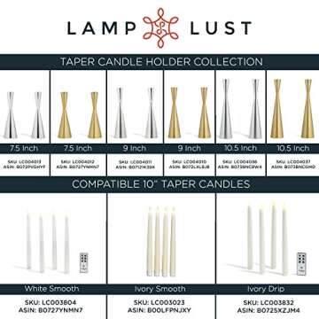 Brass Finished Taper Candle Holders - 2 Pack, 10.5 Inches, Metal, Hourglass Shape, Fits All Standard Candlesticks