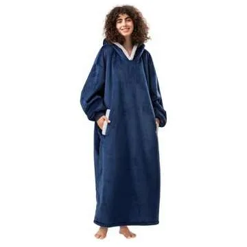 HBlife Long Oversized Wearable Blanket Hoodie for Adults, Thick Sherpa Fleece Sweatshirt with Elastic Sleeves & Giant Pockets, Cozy Plush Fleece Jacket, Blue