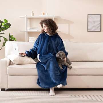 HBlife Long Oversized Wearable Blanket Hoodie for Adults, Thick Sherpa Fleece Sweatshirt with Elastic Sleeves & Giant Pockets, Cozy Plush Fleece Jacket, Blue
