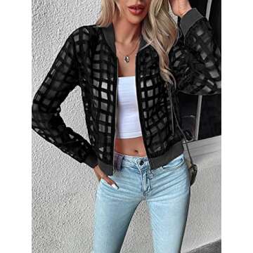 Floerns Women's Hollow Out Long Sleeve Baseball Collar Zip Up Bomber Jacket Black Plaid XL