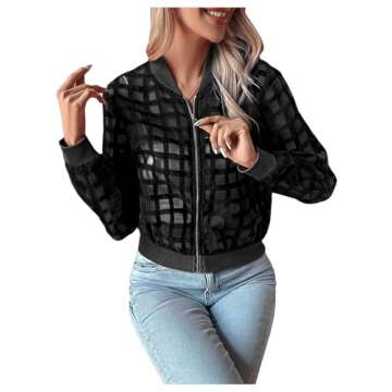 Floerns Women's Hollow Out Long Sleeve Baseball Collar Zip Up Bomber Jacket Black Plaid XL