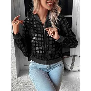 Floerns Women's Hollow Out Long Sleeve Baseball Collar Zip Up Bomber Jacket Black Plaid XL