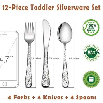 HaWare 12-Piece Toddler Kids Silverware Set, Stainless Steel Hammered Flatware Cutlery, Children Tab...