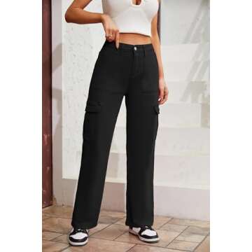 QYANGG High Waist Cargo Pants Women Stretch Baggy Cargo Pants Women Multiple Pockets Relaxed Fit Straight Wide Leg Y2K Pants Black