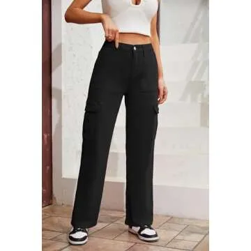 QYANGG High Waist Cargo Pants Women Stretch Baggy Cargo Pants Women Multiple Pockets Relaxed Fit Straight Wide Leg Y2K Pants Black