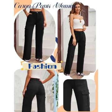 QYANGG High Waist Cargo Pants Women Stretch Baggy Cargo Pants Women Multiple Pockets Relaxed Fit Straight Wide Leg Y2K Pants Black