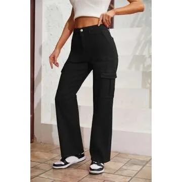 QYANGG High Waist Cargo Pants Women Stretch Baggy Cargo Pants Women Multiple Pockets Relaxed Fit Straight Wide Leg Y2K Pants Black