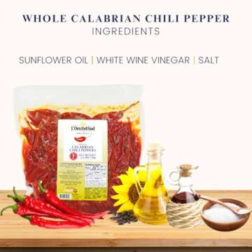 L'Oro Del Sud Whole Calabrian Chili Peppers in Oil, 2.2 lb / 1 kg (900 gm drained), Cryovac, 100% Ce...