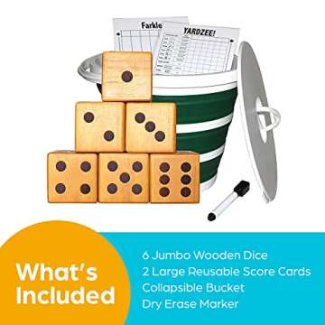 Jungle Gym Kingdom Yardzee & Yard Farkle Giant Wooden 6 Dice Set for Outdoor Fun Lawn Games Picnic Barbeque Party Tailgaiting & Special Events with Collapsible Bucket & Lid Scorecards & Markers