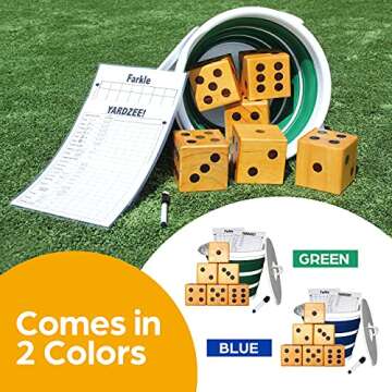 Jungle Gym Kingdom Yardzee & Yard Farkle Giant Wooden 6 Dice Set for Outdoor Fun Lawn Games Picnic Barbeque Party Tailgaiting & Special Events with Collapsible Bucket & Lid Scorecards & Markers