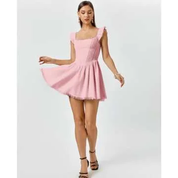 GLNEGE Women's Square Neck Mini Corset Dress Short Ruffle Sleeve A Line Cute Trendy Party Dresses Pi...