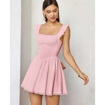 GLNEGE Women's Square Neck Mini Corset Dress Short Ruffle Sleeve A Line Cute Trendy Party Dresses Pink