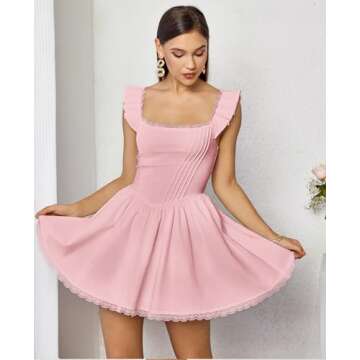GLNEGE Women's Square Neck Mini Corset Dress Short Ruffle Sleeve A Line Cute Trendy Party Dresses Pink