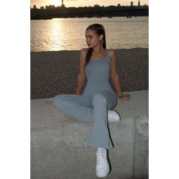 SUUKSESS Women Ribbed Flare One Piece Jumpsuits Seamless Padded Sexy Jumpsuit