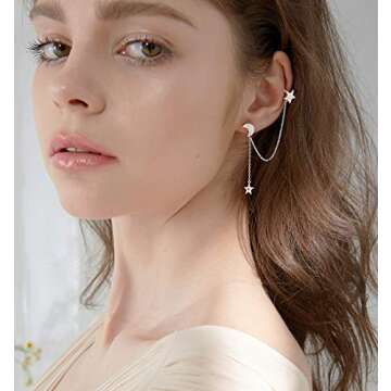 SLUYNZ 925 Sterling Silver Cuff Earrings Chain for Women Asymmetric Star Moon Earrings Crawler Dangl...