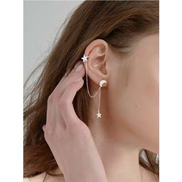 SLUYNZ 925 Sterling Silver Cuff Earrings Chain for Women Asymmetric Star Moon Earrings Crawler Dangling Chain (A-Silver-Asymmetry)