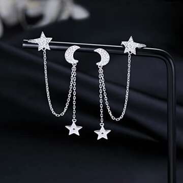 SLUYNZ 925 Sterling Silver Cuff Earrings Chain for Women Asymmetric Star Moon Earrings Crawler Dangling Chain (A-Silver-Asymmetry)