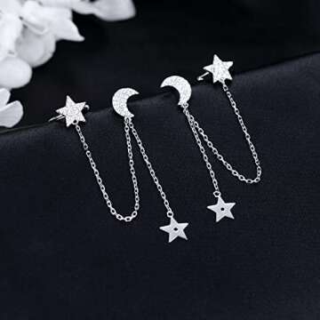 SLUYNZ 925 Sterling Silver Cuff Earrings Chain for Women Asymmetric Star Moon Earrings Crawler Dangling Chain (A-Silver-Asymmetry)