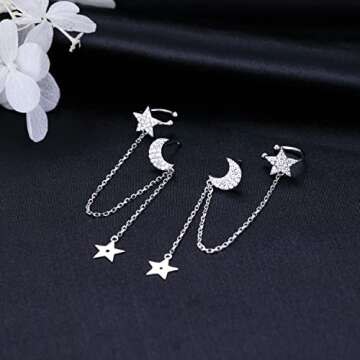 SLUYNZ 925 Sterling Silver Cuff Earrings Chain for Women Asymmetric Star Moon Earrings Crawler Dangling Chain (A-Silver-Asymmetry)