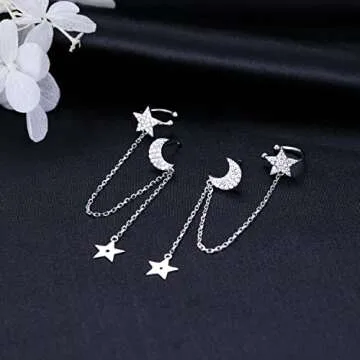 SLUYNZ 925 Sterling Silver Cuff Earrings Chain for Women Asymmetric Star Moon Earrings Crawler Dangling Chain (A-Silver-Asymmetry)