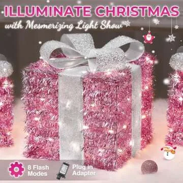 Elegear Christmas Lighted Gift Boxes, Pink Christmas Decorations Indoor 8 Modes & Timer Function Set...