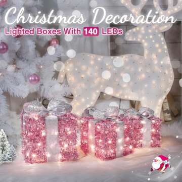 Elegear Christmas Lighted Gift Boxes, Pink Christmas Decorations Indoor 8 Modes & Timer Function Set of 3 Plug-in Light Up Present Boxes Christmas Decor 140 LEDs for Holiday Party Xmas Indoor Outdoor