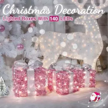 Elegear Christmas Lighted Gift Boxes, Pink Christmas Decorations Indoor 8 Modes & Timer Function Set of 3 Plug-in Light Up Present Boxes Christmas Decor 140 LEDs for Holiday Party Xmas Indoor Outdoor