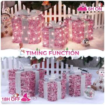 Elegear Christmas Lighted Gift Boxes, Pink Christmas Decorations Indoor 8 Modes & Timer Function Set of 3 Plug-in Light Up Present Boxes Christmas Decor 140 LEDs for Holiday Party Xmas Indoor Outdoor