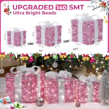 Elegear Christmas Lighted Gift Boxes, Pink Christmas Decorations Indoor 8 Modes & Timer Function Set of 3 Plug-in Light Up Present Boxes Christmas Decor 140 LEDs for Holiday Party Xmas Indoor Outdoor