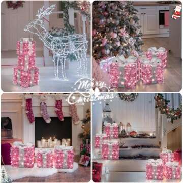 Elegear Christmas Lighted Gift Boxes, Pink Christmas Decorations Indoor 8 Modes & Timer Function Set of 3 Plug-in Light Up Present Boxes Christmas Decor 140 LEDs for Holiday Party Xmas Indoor Outdoor