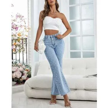 Kedera Women Pearls Beaded Flare Leg Jeans Loose Fit Non-Stretch Casual Straight Jeans Denim Trousers